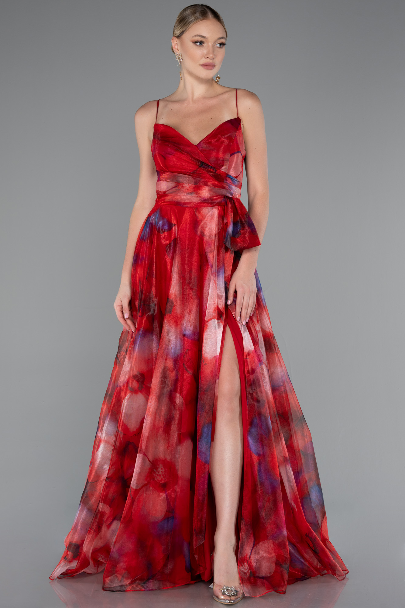 Kırmızı Bacak Dekolteli Uzun Empirme Mezuniyet Elbisesi ABU5053