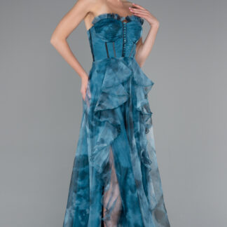 Petrol Yeşili Straplez Yırtmaçlı Empirme Uzun Abiye ABU3360