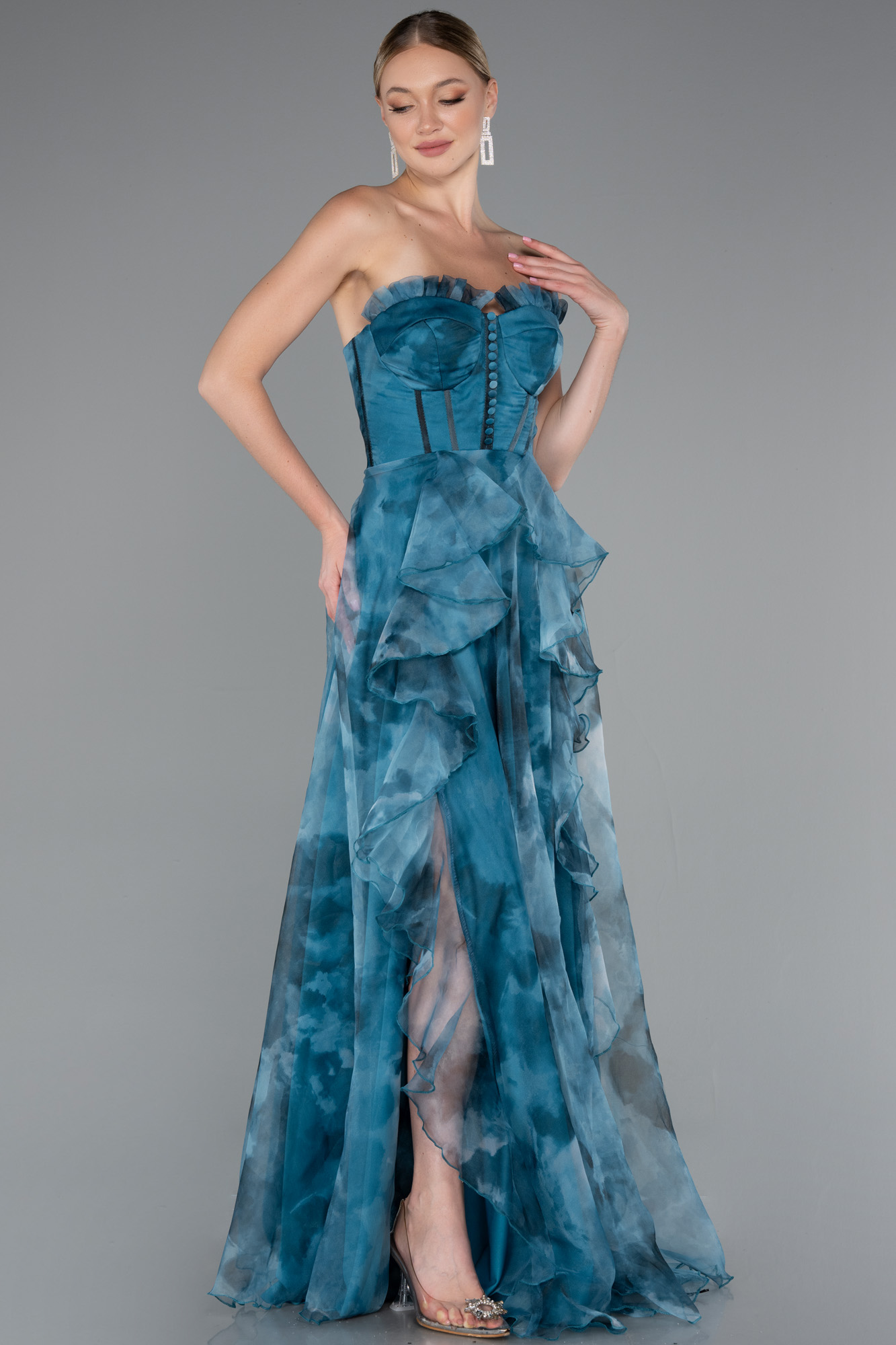 Petrol Yeşili Straplez Yırtmaçlı Empirme Uzun Abiye ABU3360