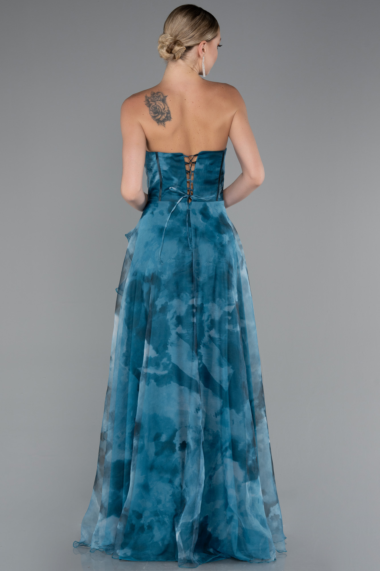 Petrol Yeşili Straplez Yırtmaçlı Empirme Uzun Abiye ABU3360 - Görsel 2