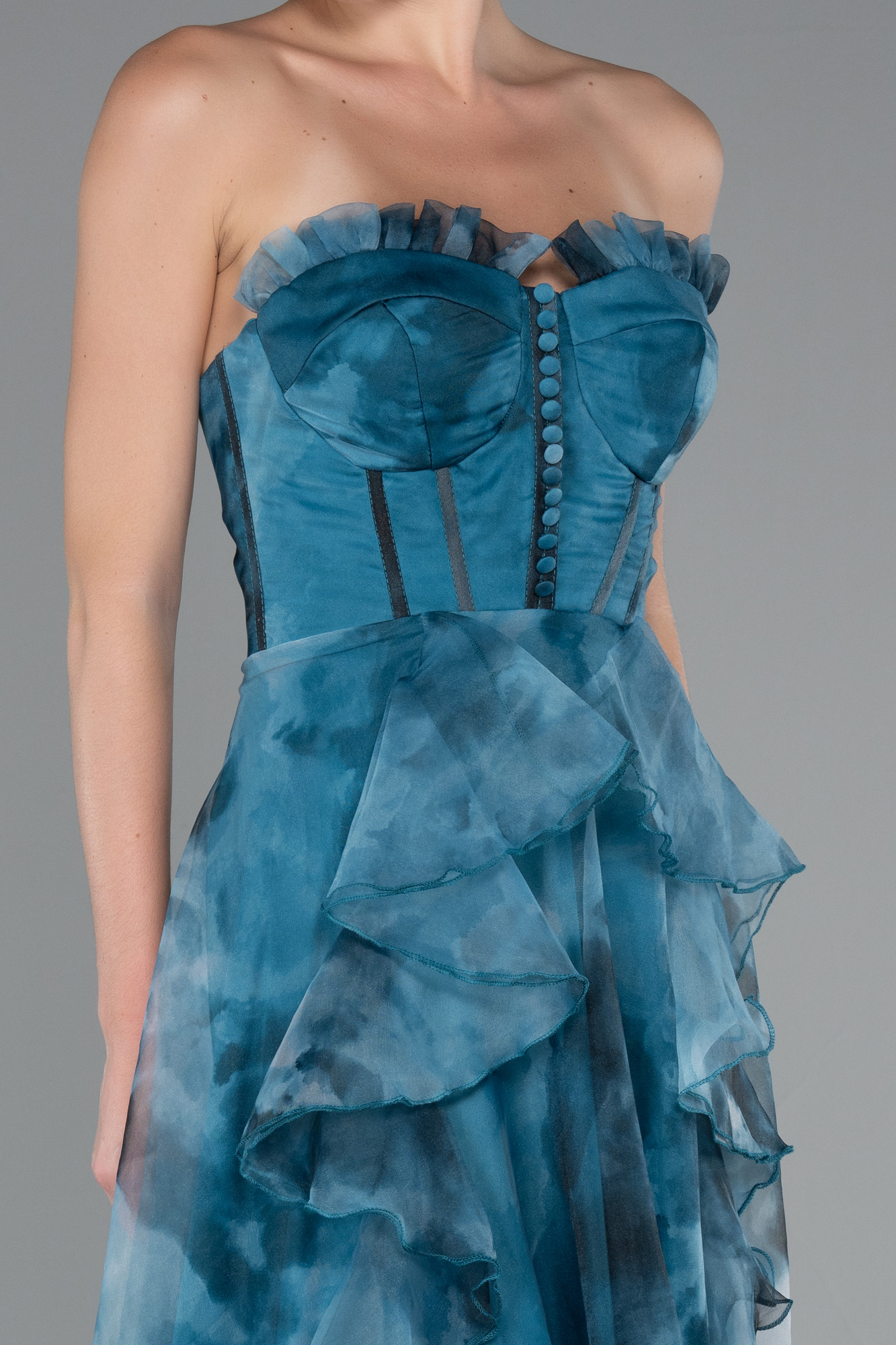 Petrol Yeşili Straplez Yırtmaçlı Empirme Uzun Abiye ABU3360 - Görsel 3