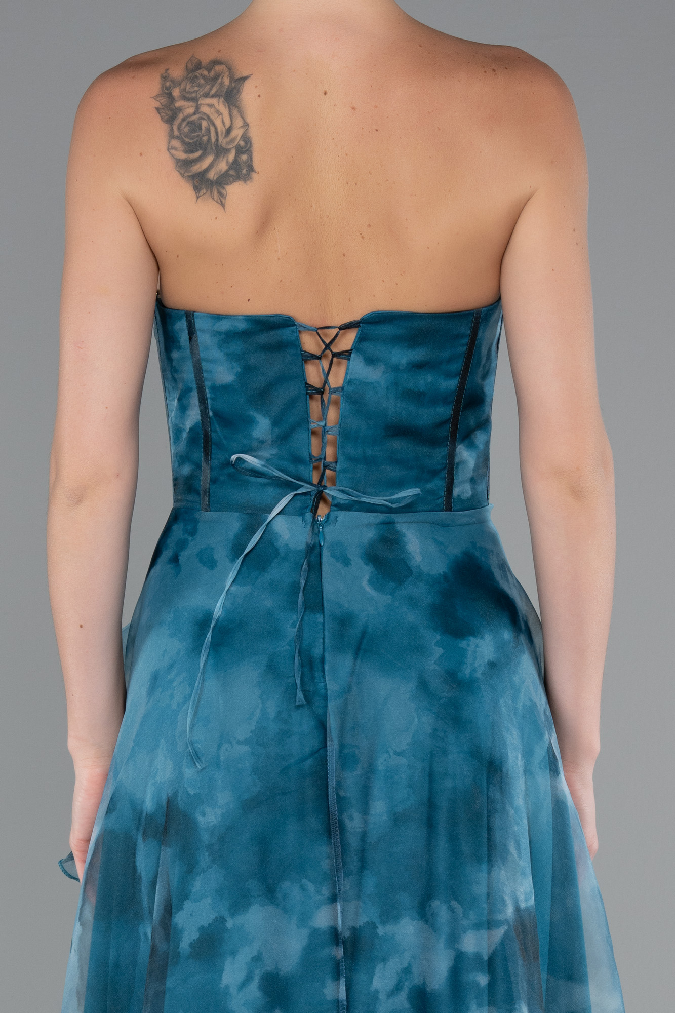 Petrol Yeşili Straplez Yırtmaçlı Empirme Uzun Abiye ABU3360 - Görsel 4