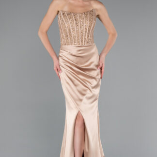 Gold Straplez Balen Korse Uzun Saten Abiye ABU3883