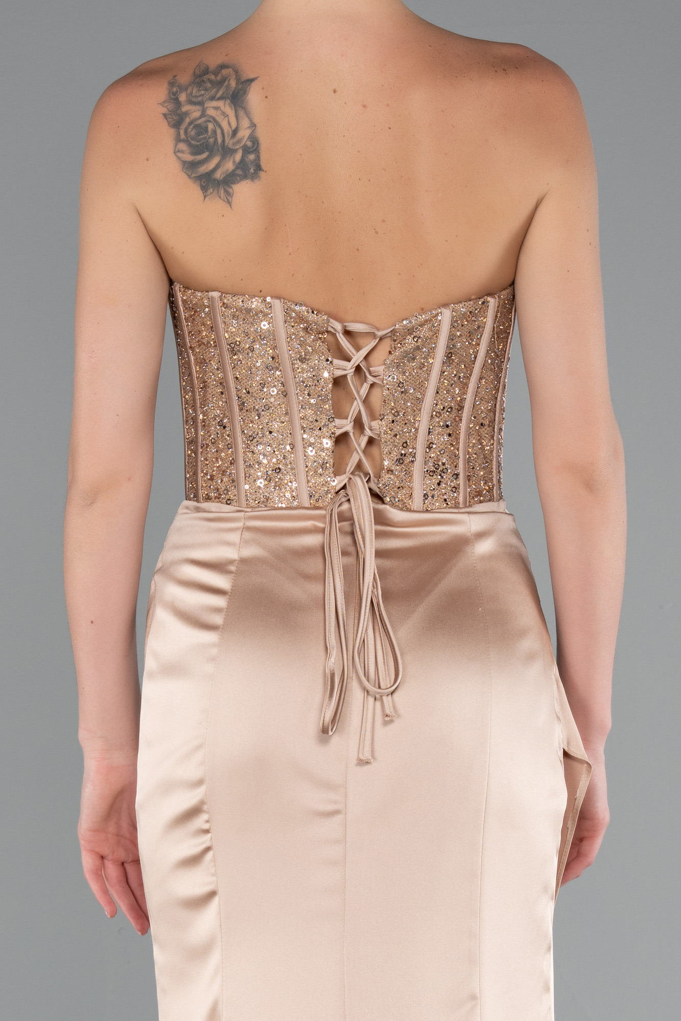 Gold Straplez Balen Korse Uzun Saten Abiye ABU3883 - Görsel 4