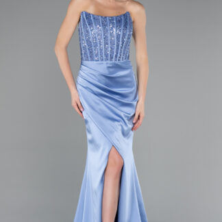 İndigo Straplez Balen Korse Yırtmaçlı Uzun Saten Abiye ABU3883