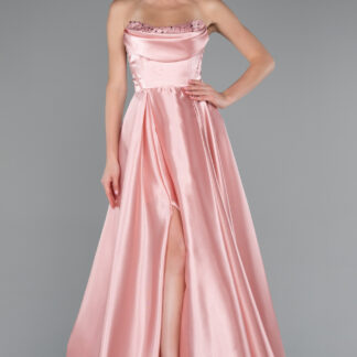 Pudra Straplez Bacak Dekolteli Uzun Saten Abiye Elbise ABU5064