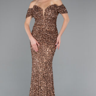 Bakır Kayık Yaka Uzun Pullu Balık Abiye Elbise ABU4906