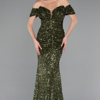 Haki Kayık Yaka Uzun Pullu Balık Abiye Elbise ABU4906