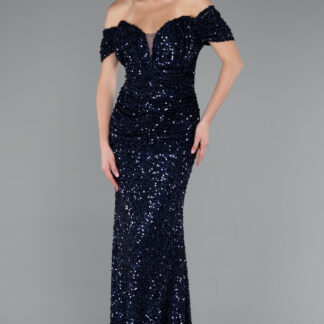 Lacivert Kayık Yaka Uzun Pullu Balık Abiye Elbise ABU4906