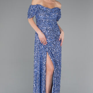 İndigo Kayık Yaka Yırtmaçlı Uzun Pullu Abiye Elbise ABU4843