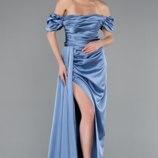 İndigo Kayık Yaka Kuyruklu Uzun Saten Abiye ABU1606