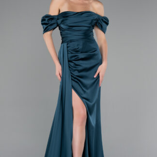 Petrol Yeşili Kayık Yaka Kuyruklu Uzun Saten Abiye ABU1606