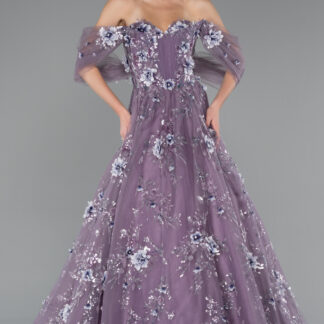 Lavanta Kayık Yaka Çiçek Aplikeli Uzun Büyük Beden Nişanlık ABU5076