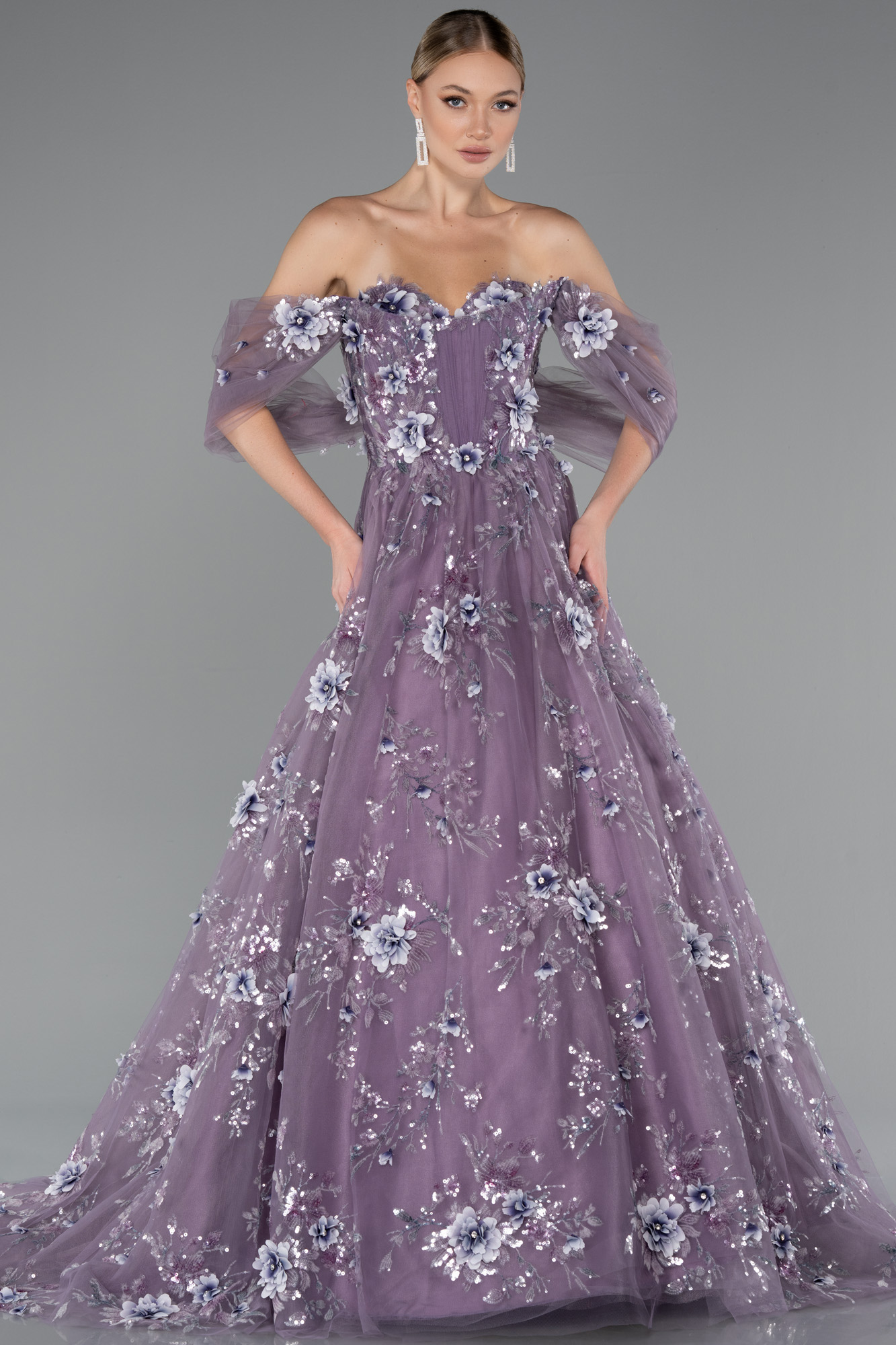 Lavanta Kayık Yaka 3D Çiçek Aplikeli Uzun Özel Tasarım Nişanlık ABU5074 - Görsel 3