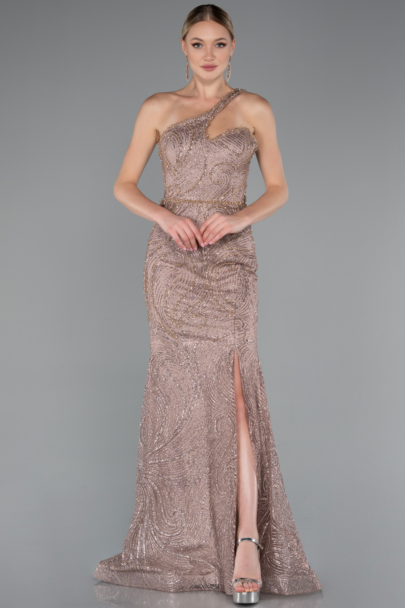 Bakır Tek Omuz Bacak Dekolteli Uzun Simli Abiye ABU4697 - Görsel 2