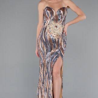 Gold Straplez Bacak Dekolteli Uzun Pul Payet Abiye ABU5024