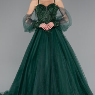 Zümrüt Yeşili Taşlı Uzun Özel Tasarım Abiye ABU2789