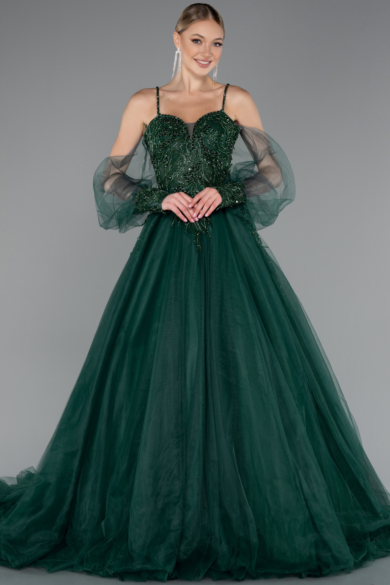 Zümrüt Yeşili Taşlı Uzun Özel Tasarım Abiye ABU2789