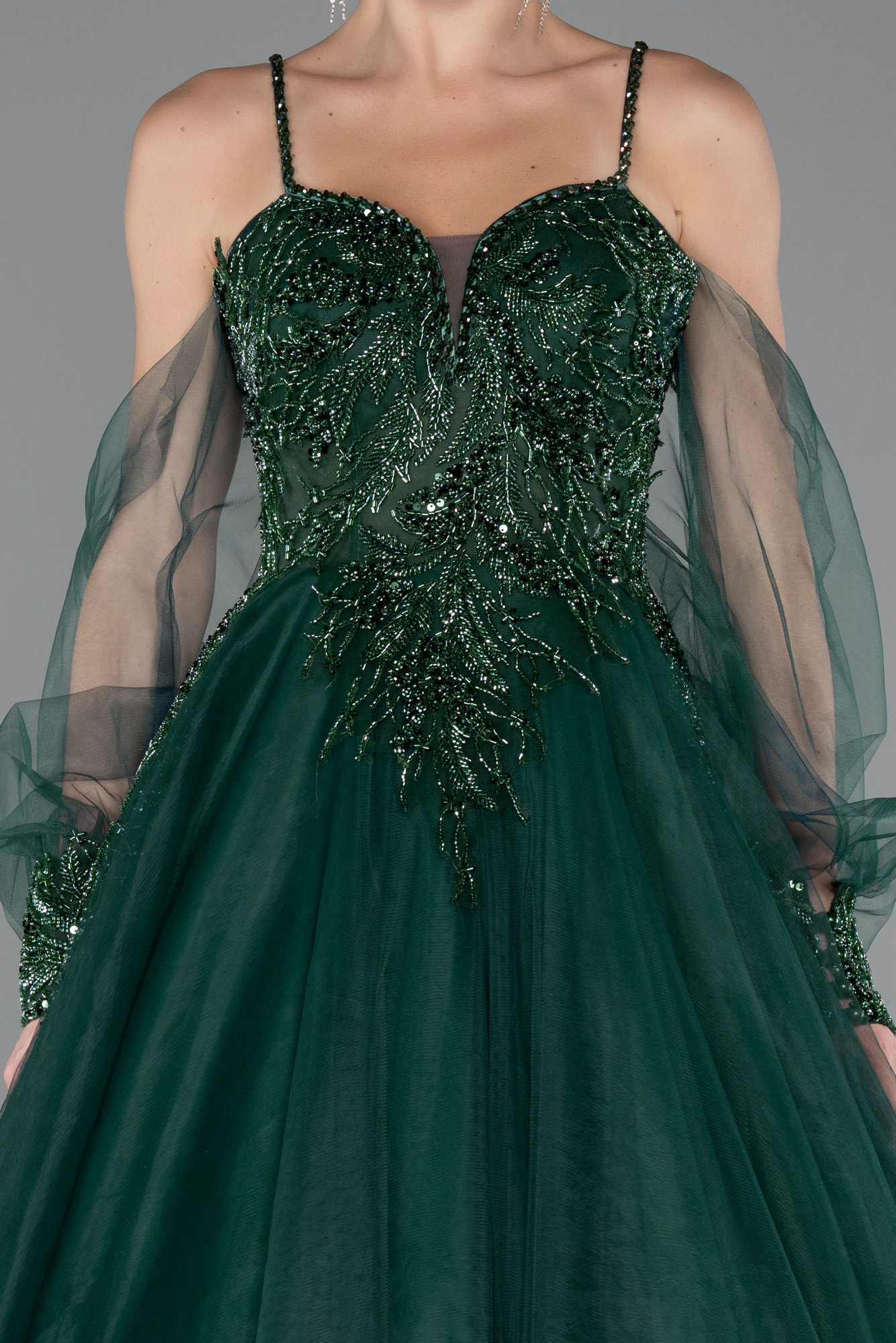 Zümrüt Yeşili Taşlı Uzun Özel Tasarım Abiye ABU2789 - Görsel 3