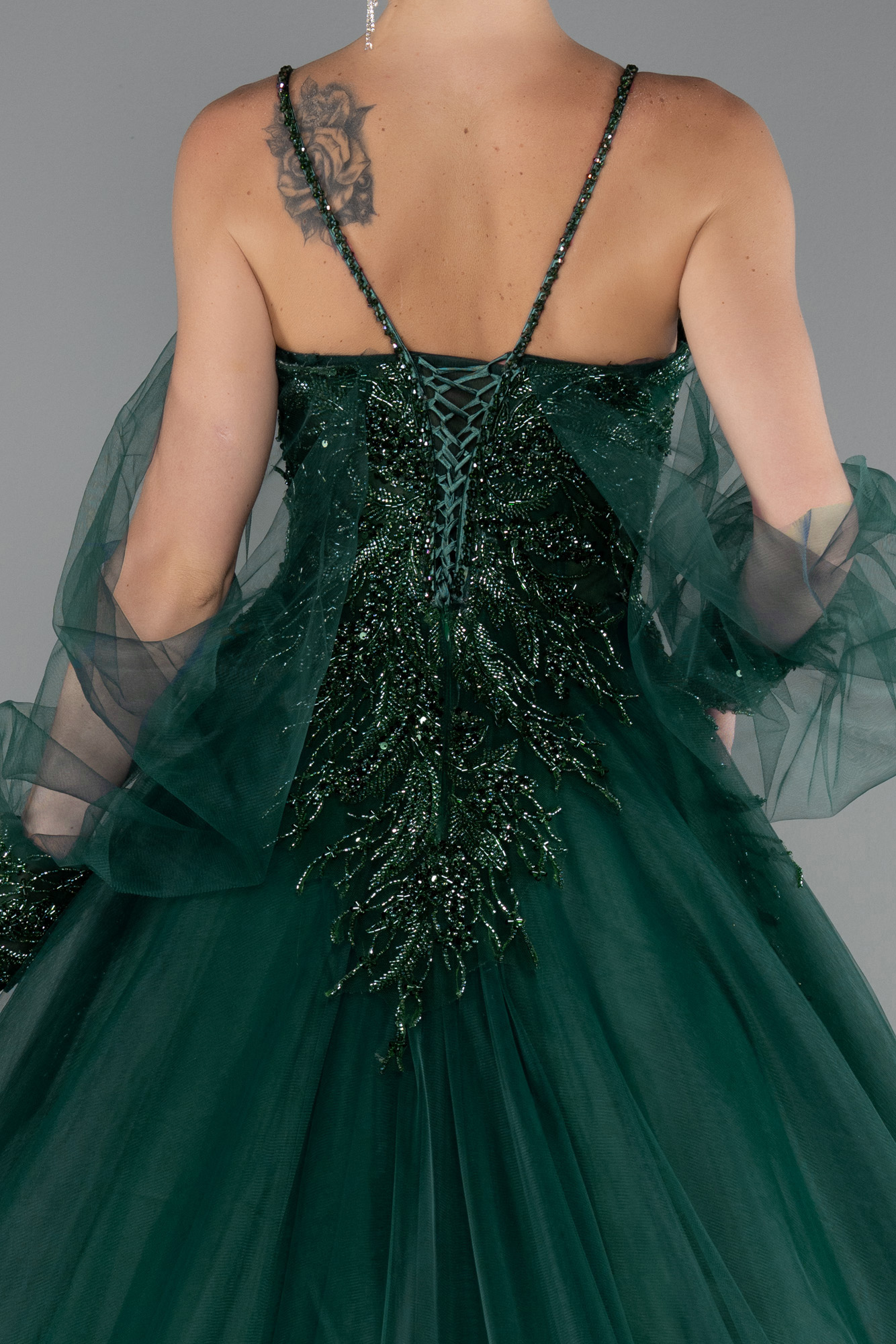 Zümrüt Yeşili Taşlı Uzun Özel Tasarım Abiye ABU2789 - Görsel 4