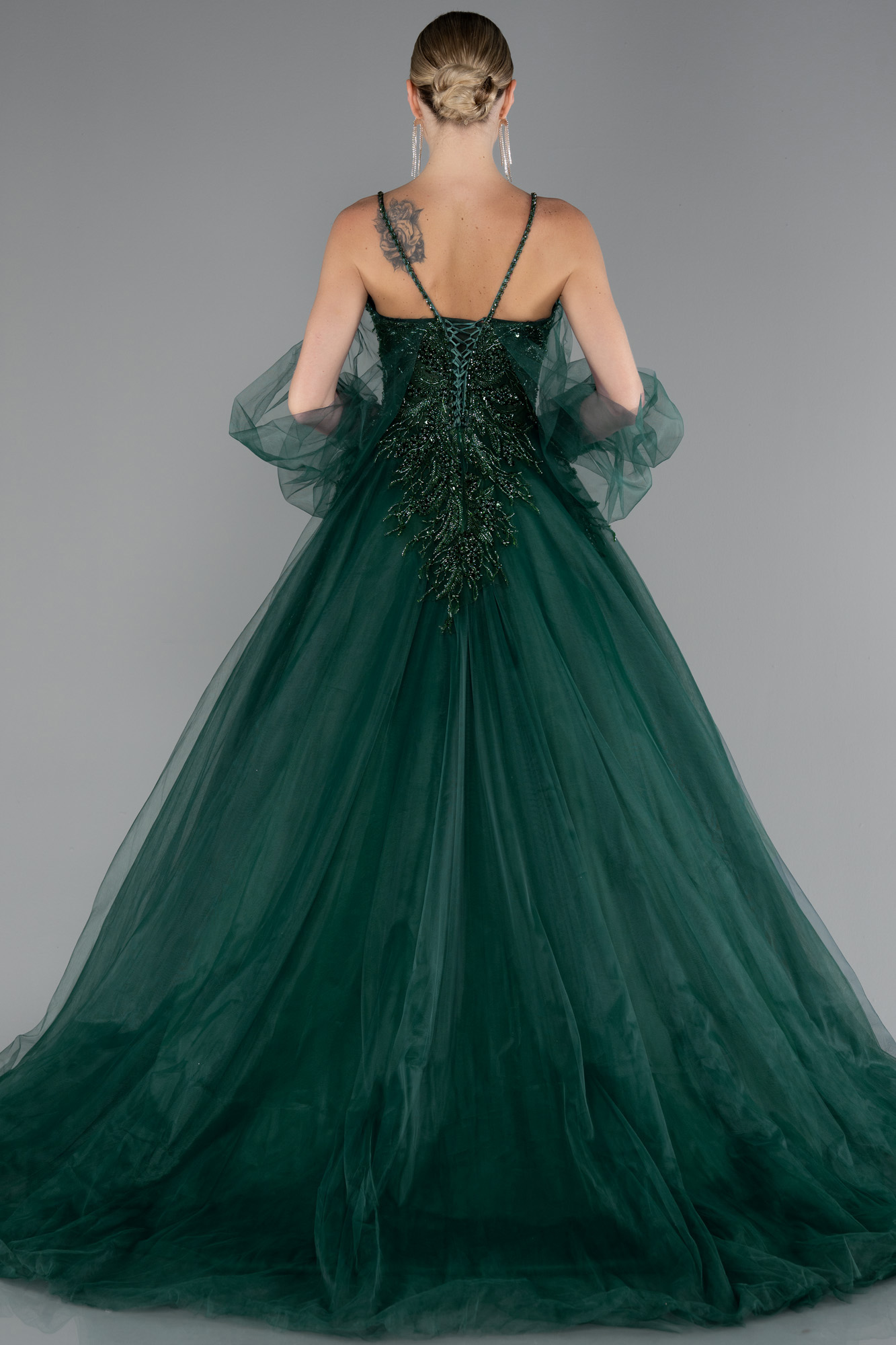 Zümrüt Yeşili Taşlı Uzun Özel Tasarım Abiye ABU2789 - Görsel 2