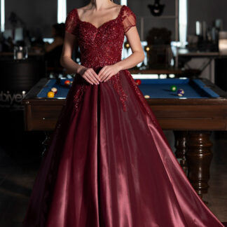 Bordo Kısa Kol Üstü Taşlı Özel Tasarım Nişan Elbisesi ABU4449