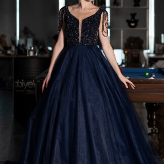 Lacivert Üstü Taş İşlemeli Uzun Prenses Nişan Elbisesi ABU5019