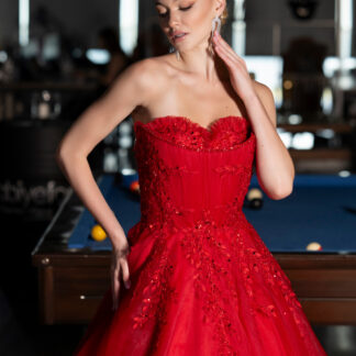 Kırmızı Straplez Güpürlü Uzun Özel Tasarım Nişan Elbisesi ABU4431