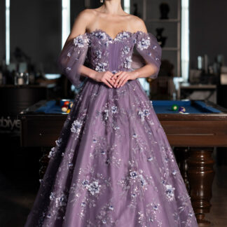 Lavanta Kayık Yaka 3D Çiçek Aplikeli Uzun Özel Tasarım Nişanlık ABU5074