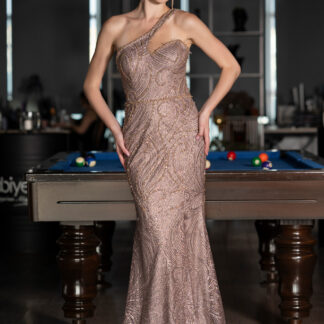 Bakır Tek Omuz Bacak Dekolteli Uzun Simli Abiye ABU4697