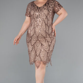 Cappuccıno Kısa Kol V Yaka Taşlı Büyük Beden Davet Elbisesi ABK2380