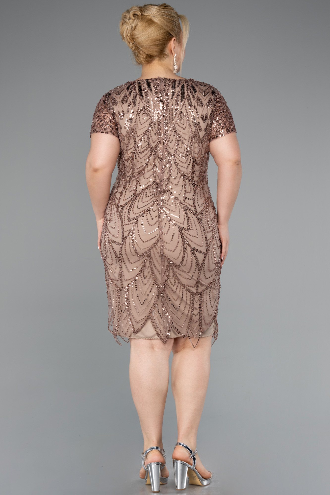 Cappuccıno Kısa Kol V Yaka Taşlı Büyük Beden Davet Elbisesi ABK2380 - Görsel 2