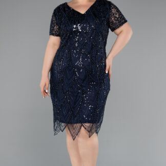 Lacivert Kısa Kol V Yaka Taşlı Büyük Beden Davet Elbisesi ABK2380
