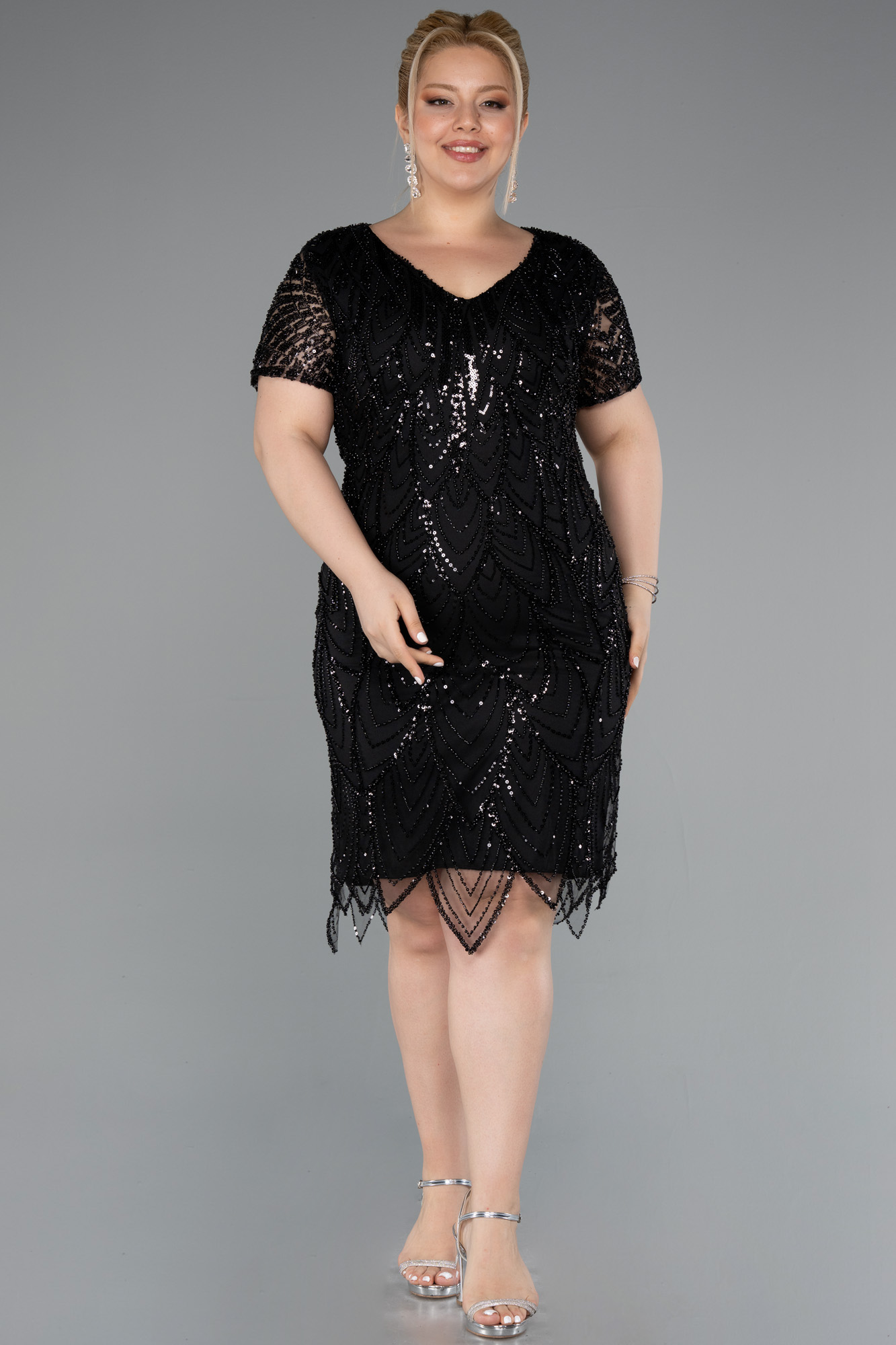 Lacivert Kısa Kol V Yaka Taşlı Büyük Beden Davet Elbisesi ABK2380 - Görsel 5