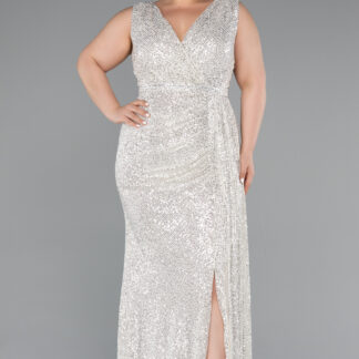 Vizon Kolsuz Kruvaze Yaka Uzun Pullu Büyük Beden Abiye ABU3194