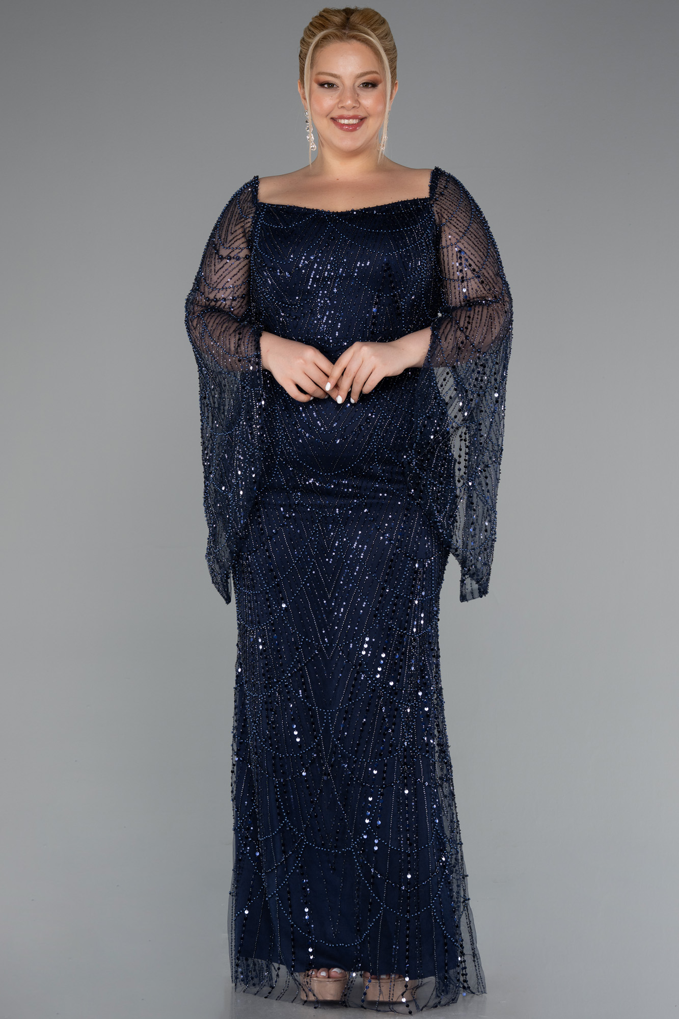 Siyah Uzun Kol Boncuklu Büyük Beden Abiye ABU5067 - Görsel 5