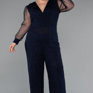 Lacivert Kruvaze Yaka Simli Büyük Beden Abiye Tulum ABT131