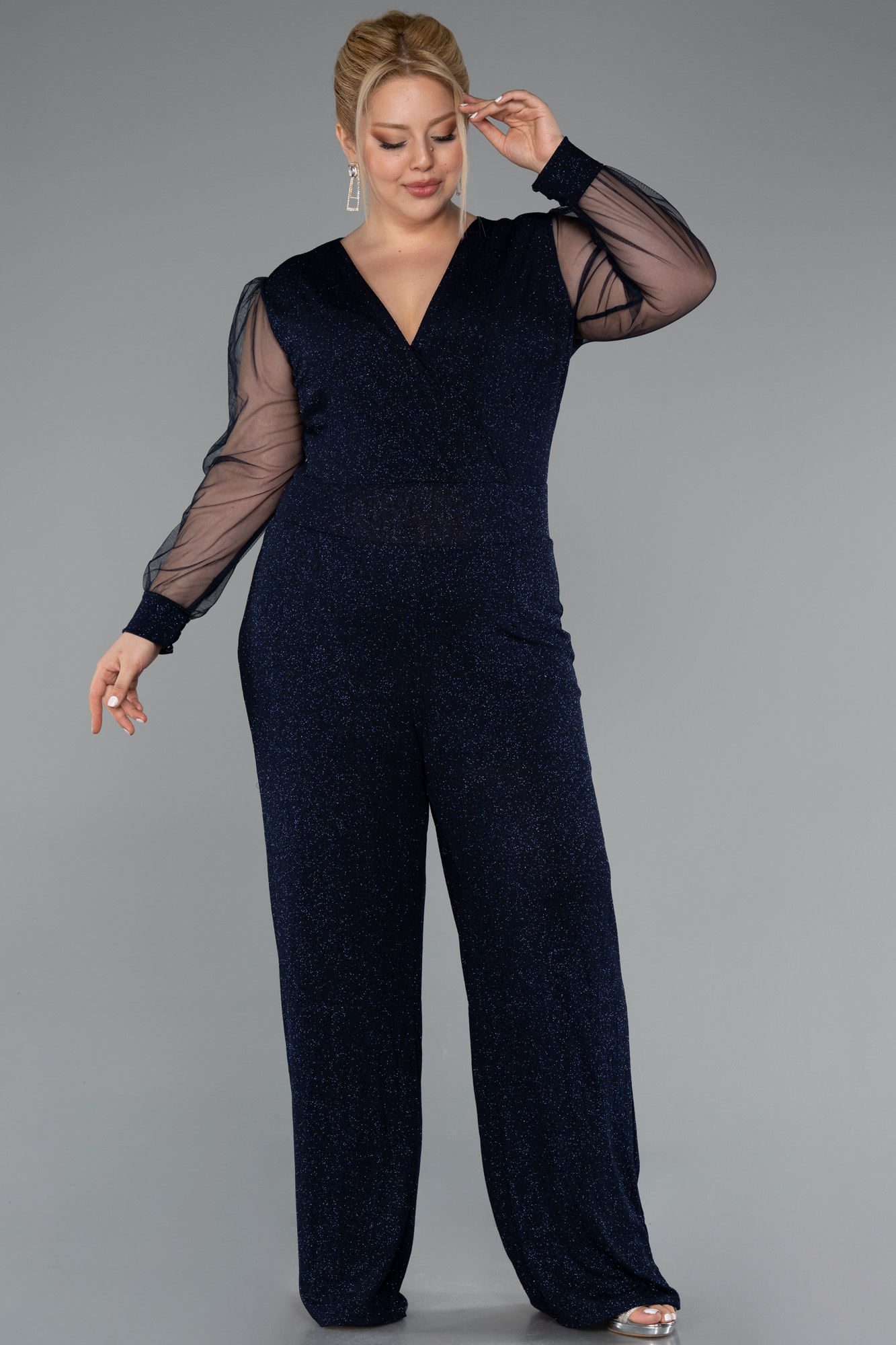 Lacivert Kruvaze Yaka Simli Büyük Beden Abiye Tulum ABT131