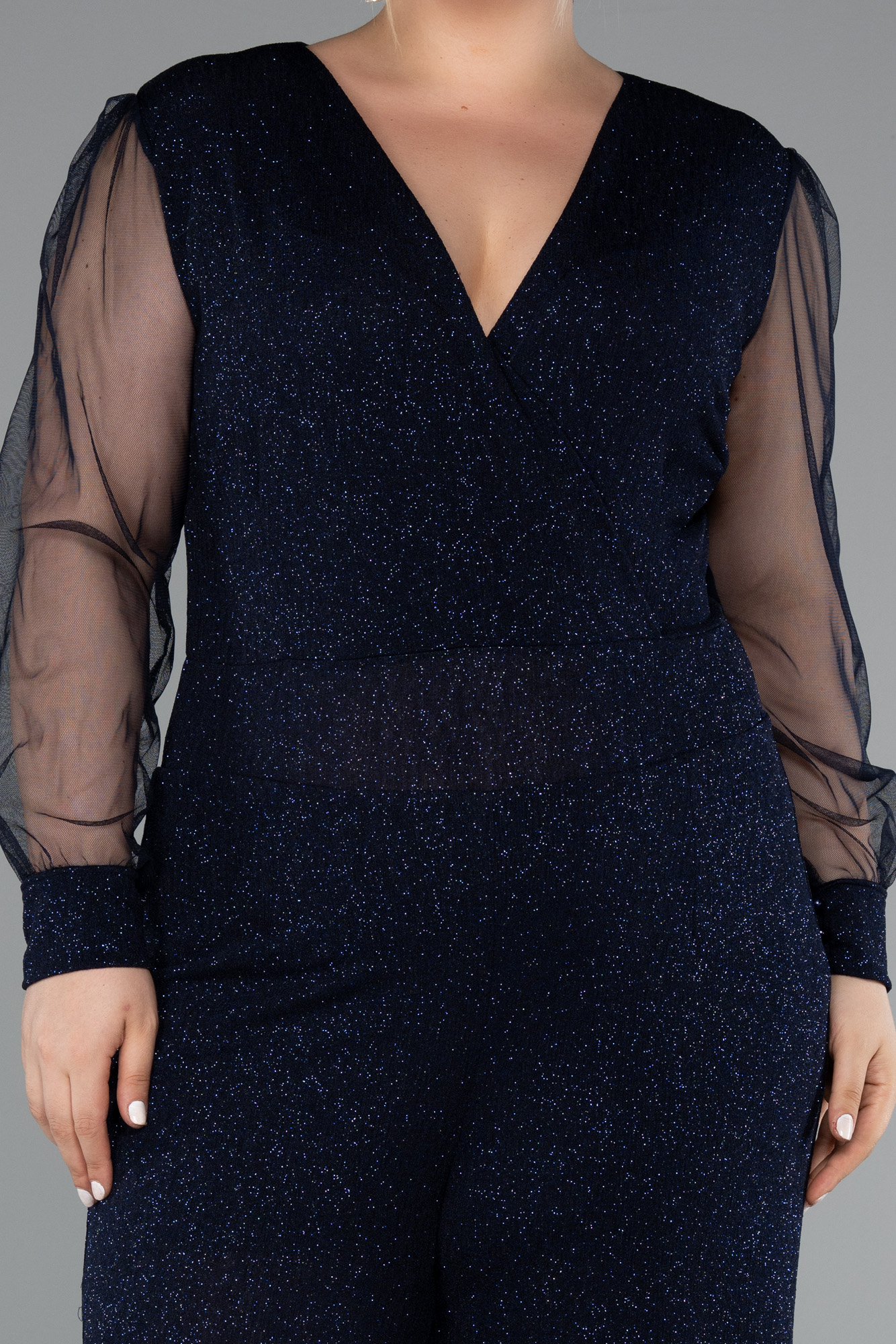 Lacivert Kruvaze Yaka Simli Büyük Beden Abiye Tulum ABT131 - Görsel 3