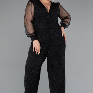 Siyah-Gümüş Kruvaze Yaka Simli Büyük Beden Abiye Tulum ABT131