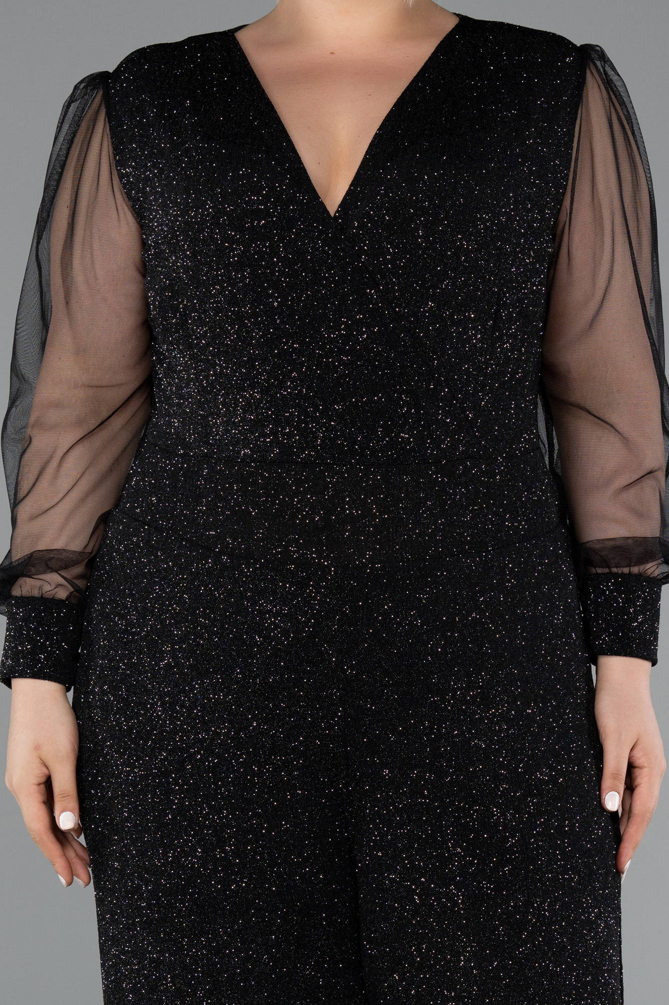 Siyah-Gümüş Kruvaze Yaka Simli Büyük Beden Abiye Tulum ABT131 - Görsel 3