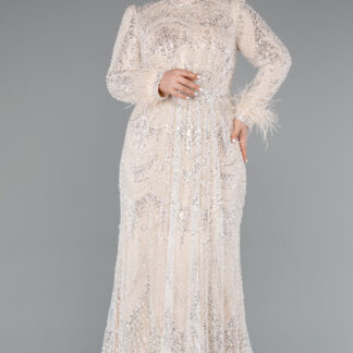 Bej Taş İşleme Uzun Kol Büyük Beden Tesettür Abiye ABU5057