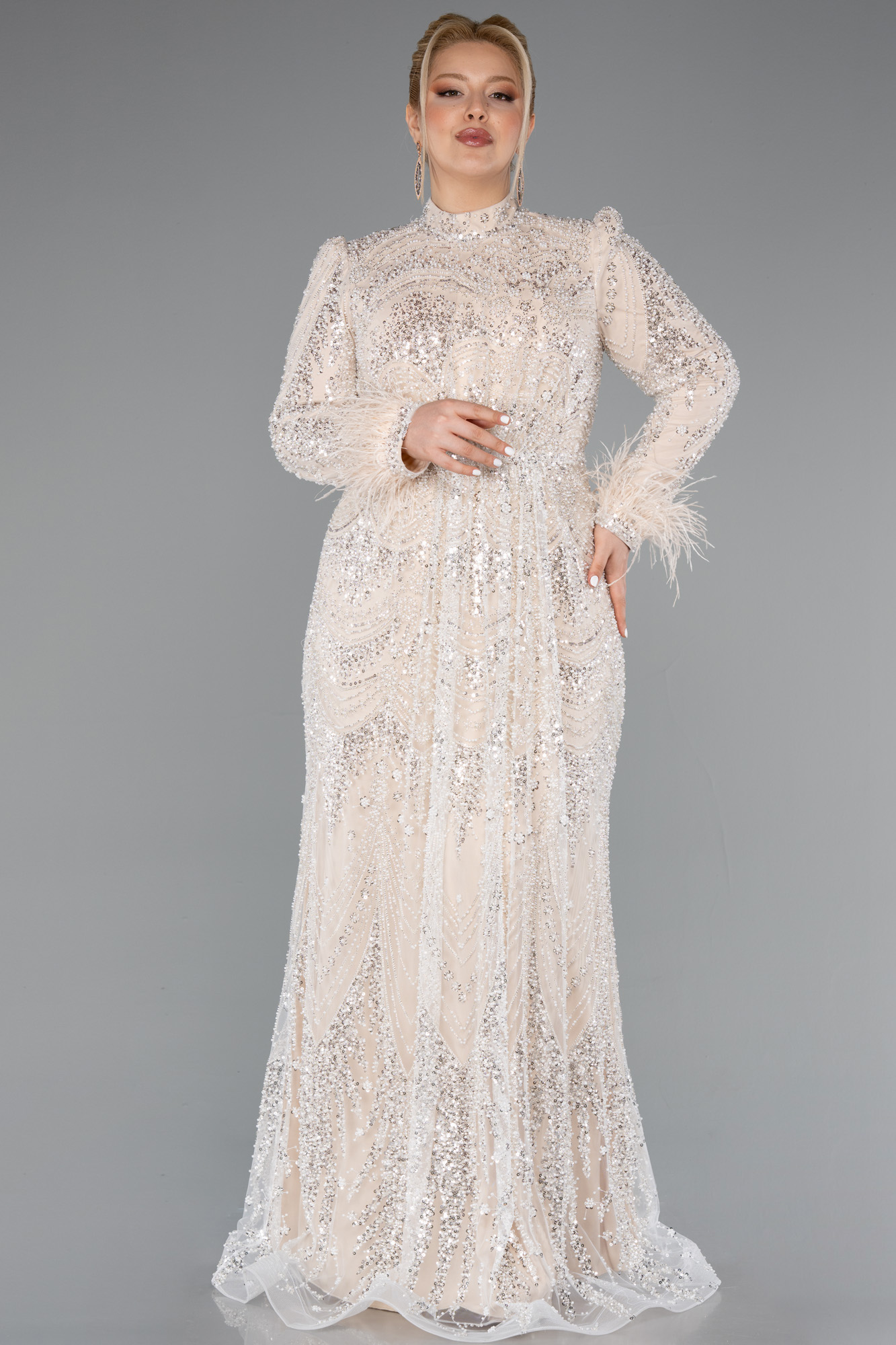 Bej Taş İşleme Uzun Kol Büyük Beden Tesettür Abiye ABU5057