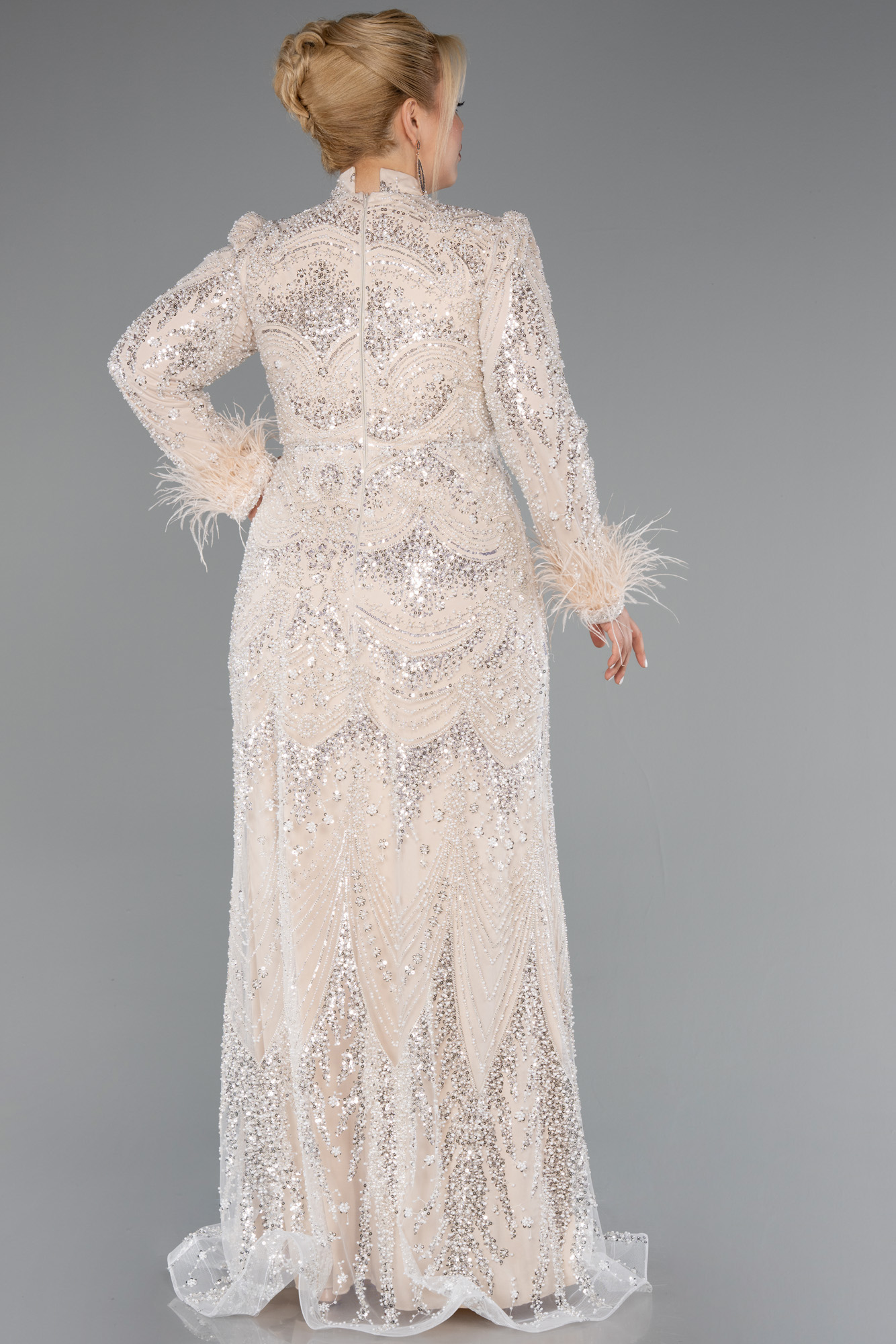 Bej Taş İşleme Uzun Kol Büyük Beden Tesettür Abiye ABU5057 - Görsel 2