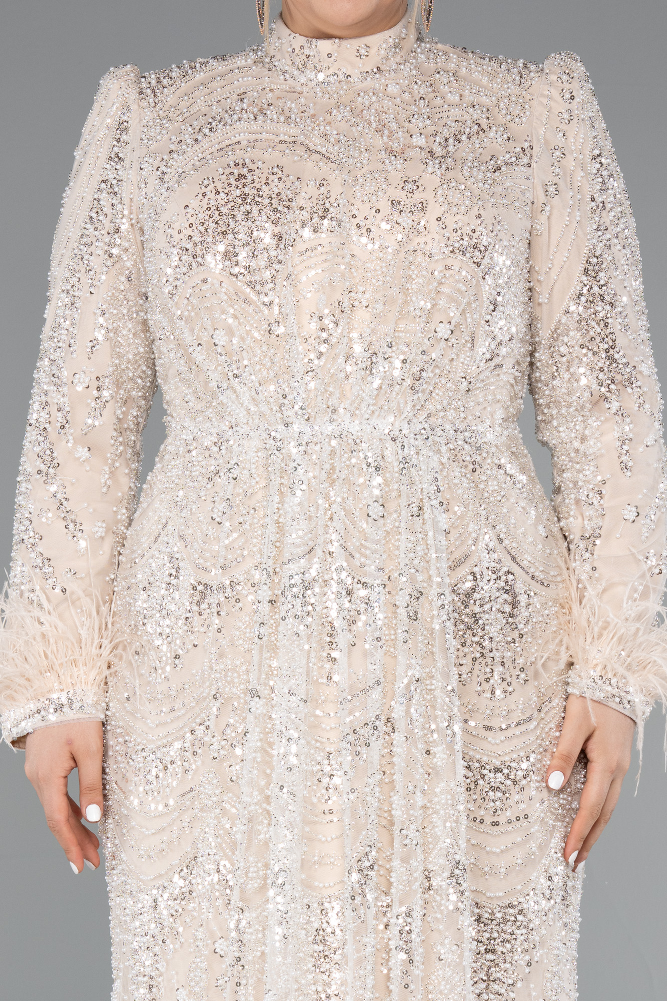 Bej Taş İşleme Uzun Kol Büyük Beden Tesettür Abiye ABU5057 - Görsel 3