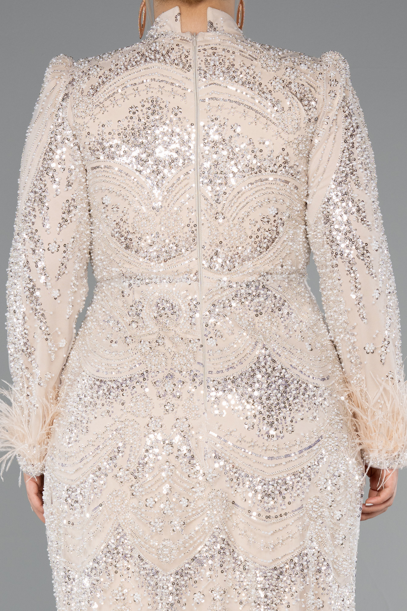 Bej Taş İşleme Uzun Kol Büyük Beden Tesettür Abiye ABU5057 - Görsel 4