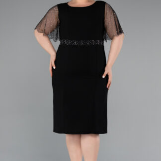 Siyah Taşlı Kısa Kol Midi Büyük Beden Davet Elbisesi ABK2381