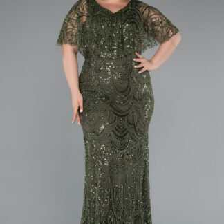 Haki Kısa Kol V Yaka Boncuklu Uzun Büyük Beden Abiye ABU4950