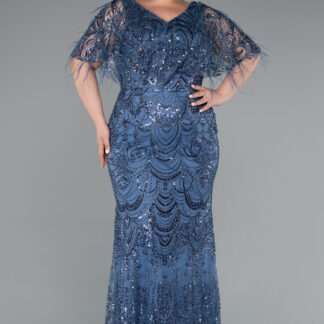 İndigo Kısa Kol V Yaka Boncuklu Uzun Büyük Beden Abiye ABU4950