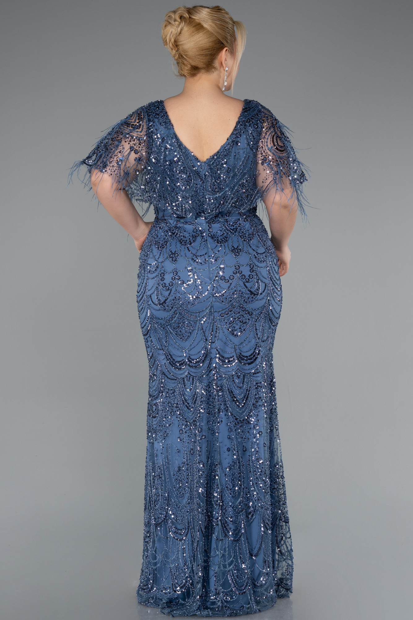 İndigo Kısa Kol V Yaka Boncuklu Uzun Büyük Beden Abiye ABU4950 - Görsel 2